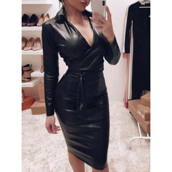 2019 New Women Sexy V Neck Black Dress PU Leather Long Sleeve Bodycon Shirt Dresses Mini Dress